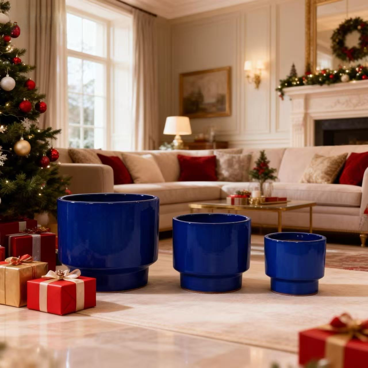 Handmade Solid Blue Glazed Ceramic Planter Set of 3, 15/12/9 Inch Diameter, for Succulents & Flowers Outdoor Garden & Indoor Staircase Use, Breathable Porous Clay