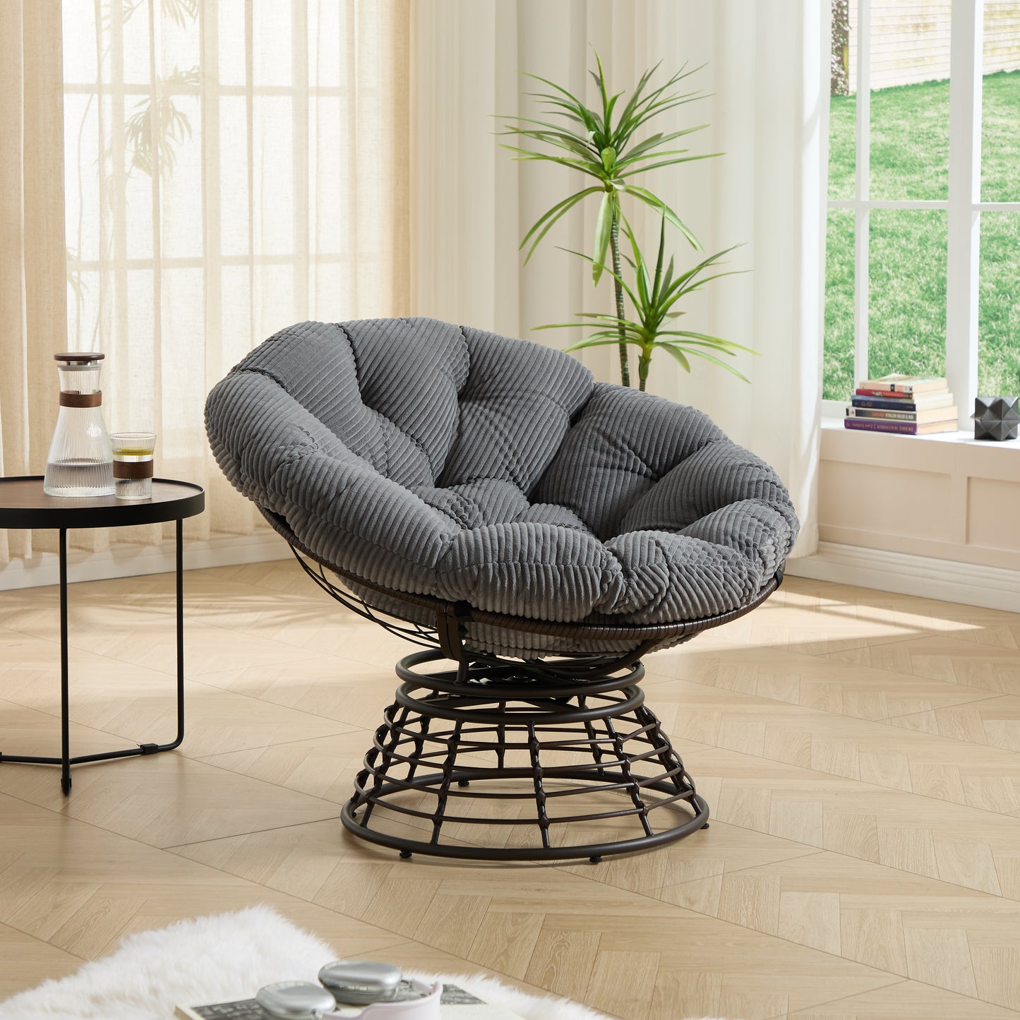 Comfortable Ergonomic Wicker Papasan Chair, 360° Swivel Indoor Outdoor Rattan Chair with Soft Thick Cushion, Ideal for Living Room, Bedroom, Reading Room, Brown Frame with Grey Cushion