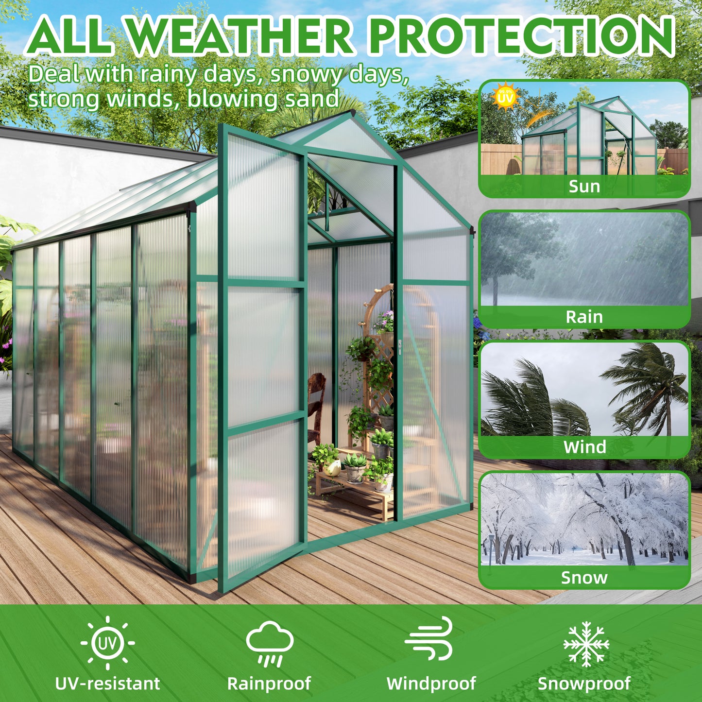 Newly marketed Gain height windproofaluminum greenhouse 6x10 FT Polycarbonate Greenhouse Raised Base and Anchor Aluminum Heavy Duty Walk-in Greenhouses for Outdoor Backyard in All Season
