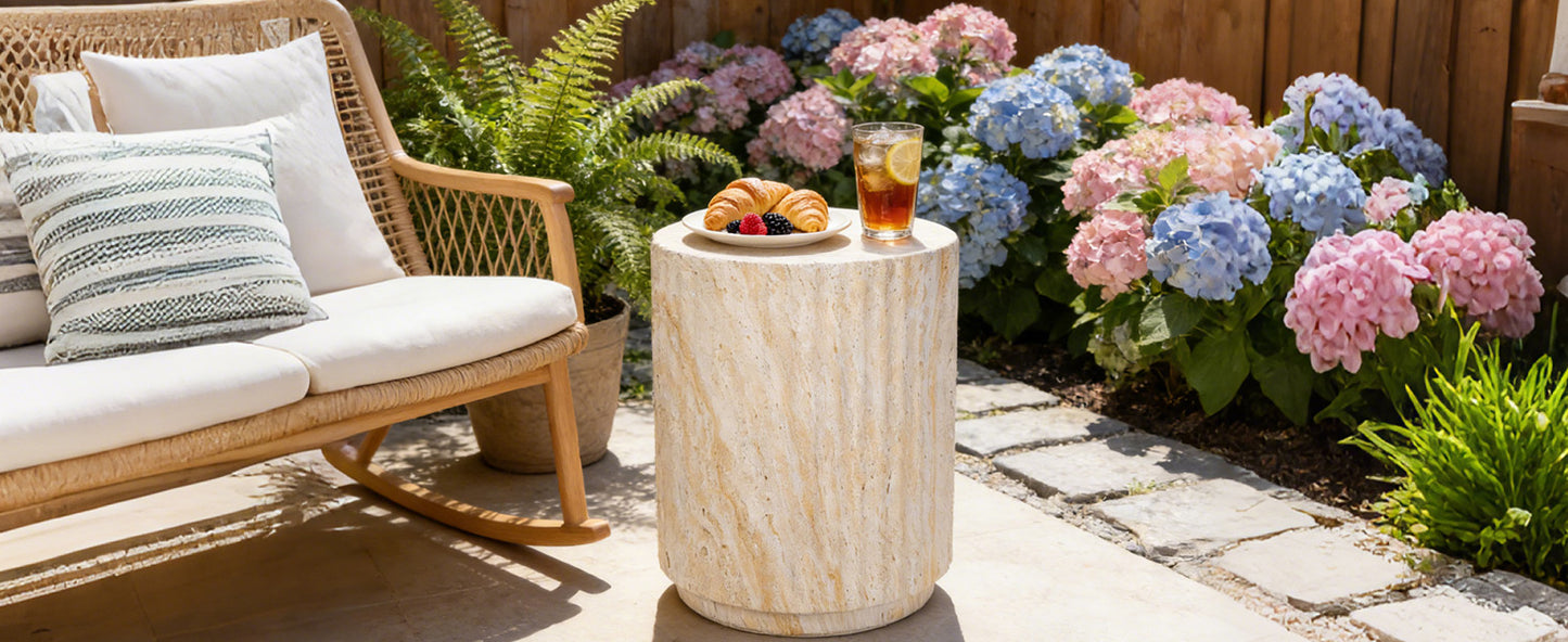 U_Style COSIEST Outdoor Side Table, Cylinder Shaped MgO Patio End Table, Lightweight Accent Table with Wave Design, Round Plant Stand Tool for Garden And Balcony