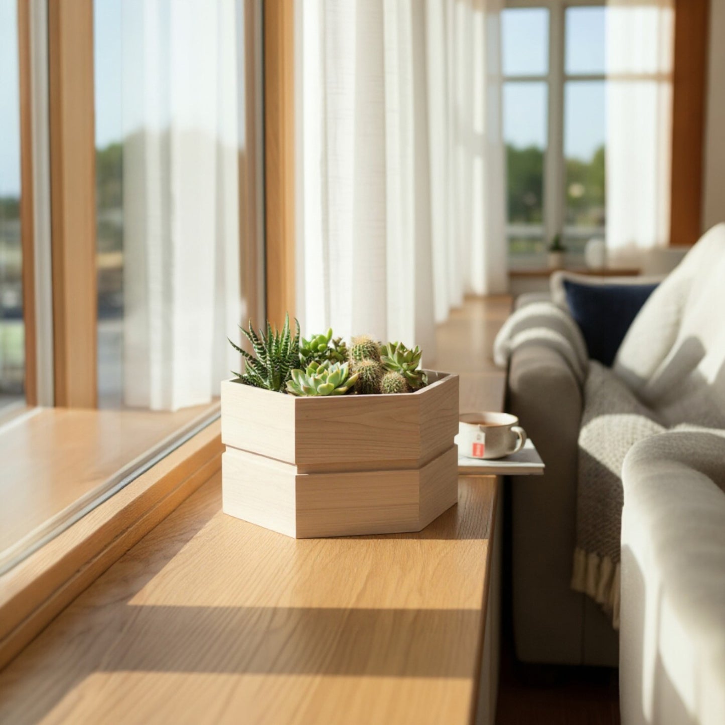 Hexagon Terrace Planter Box Short - Grey Brown