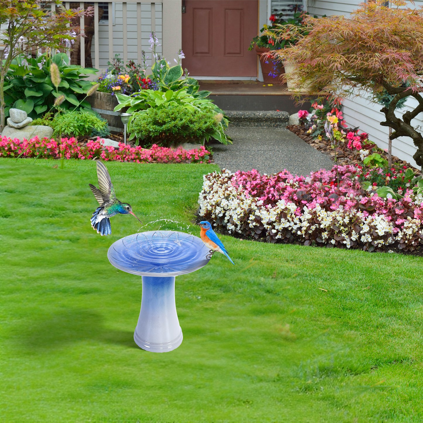 17'' Ceramic Bird Bath for Outside, Elegant Tall Outdoor Bird Bath, Lightweight Pedestal Glazed Birdbaths for Outdoors with floral Pattern, Blue Ombre