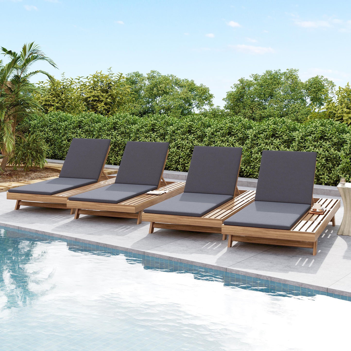 Lounge Chaise Set, Space Available On One Side, Acacia Wood In light brown With Water-Resistant Lounge Cushions (Dark Grey & 2 Inch Thick) – Matching Cream/Leaf Coconut Version Available