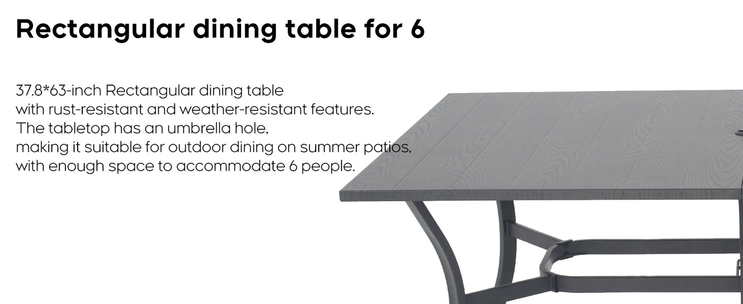 "Vintage Wood Grain Metal Table 62.99" x 37.8"" Rectangular with Umbrella Hole, Heavy-Duty Steel Frame Rust-Resistant Easy Clean, for Patio Garden Deck Dining Room Office