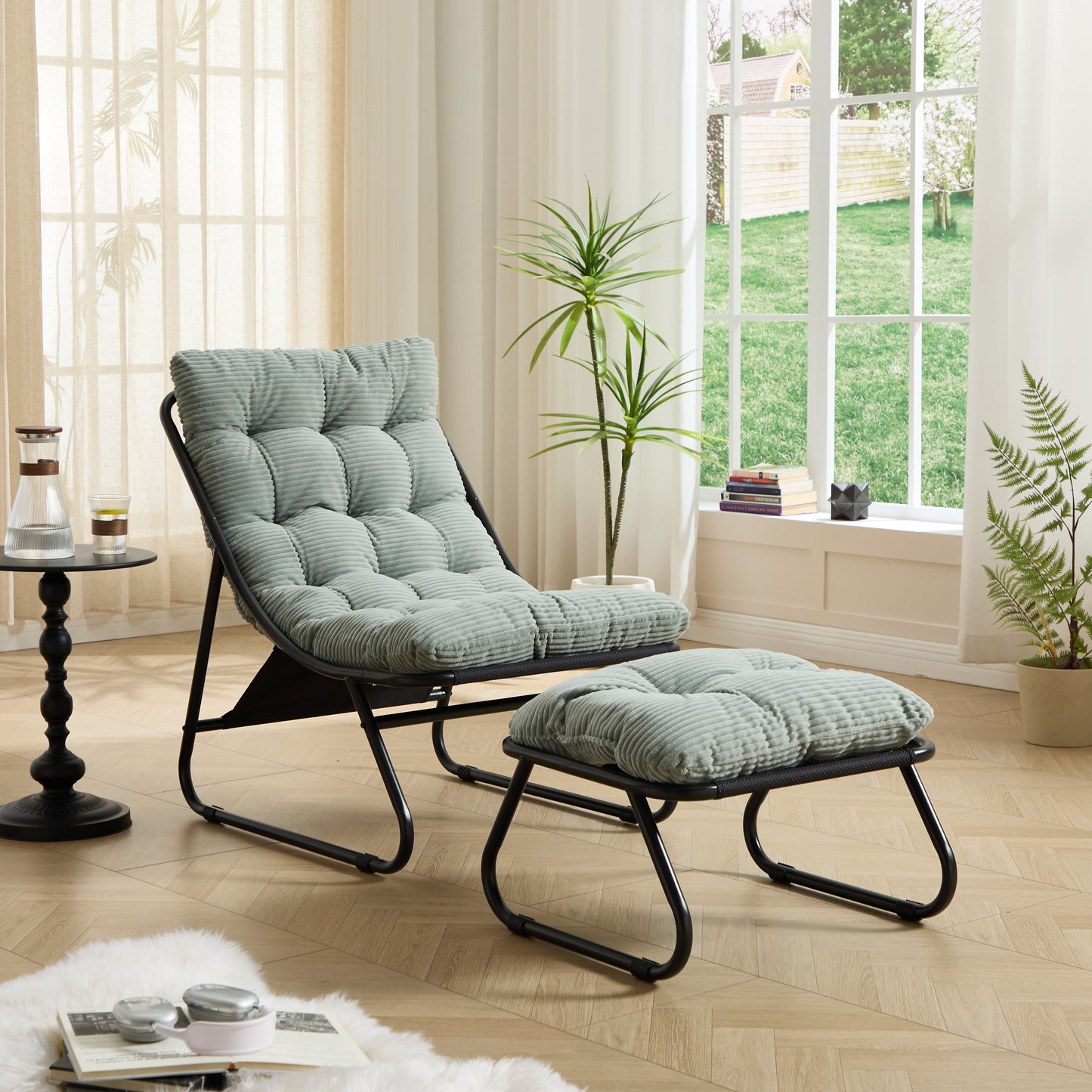 Patio Outdoor Lounge Chair with Ottoman, Comfy Sling Recliner Chair with Puffy Cushion and Foot Stool,  Ideal for Living Room, Bedroom, Reading Room, Black frame with light green Cushion