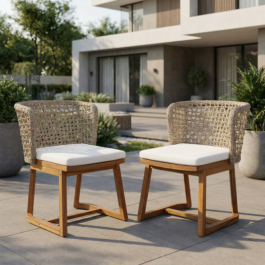 Outdoor Acacia Wood Dining Chairs (Set of 2), Teak Finish Patio Chairs with Beige Cushion & Multi Light Brown Wicker Back, Weather Resistant Side Chairs for Garden, Backyard, Patio