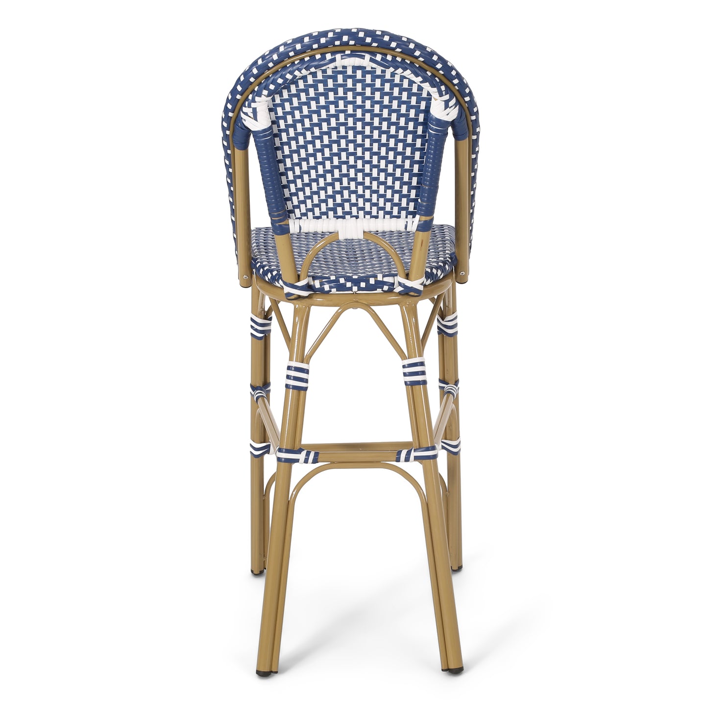 29.5" Outdoor PE Rattan French Barstool, Dark Teal and White, Aluminum Frame with Bamboo Finish (Set of 2)