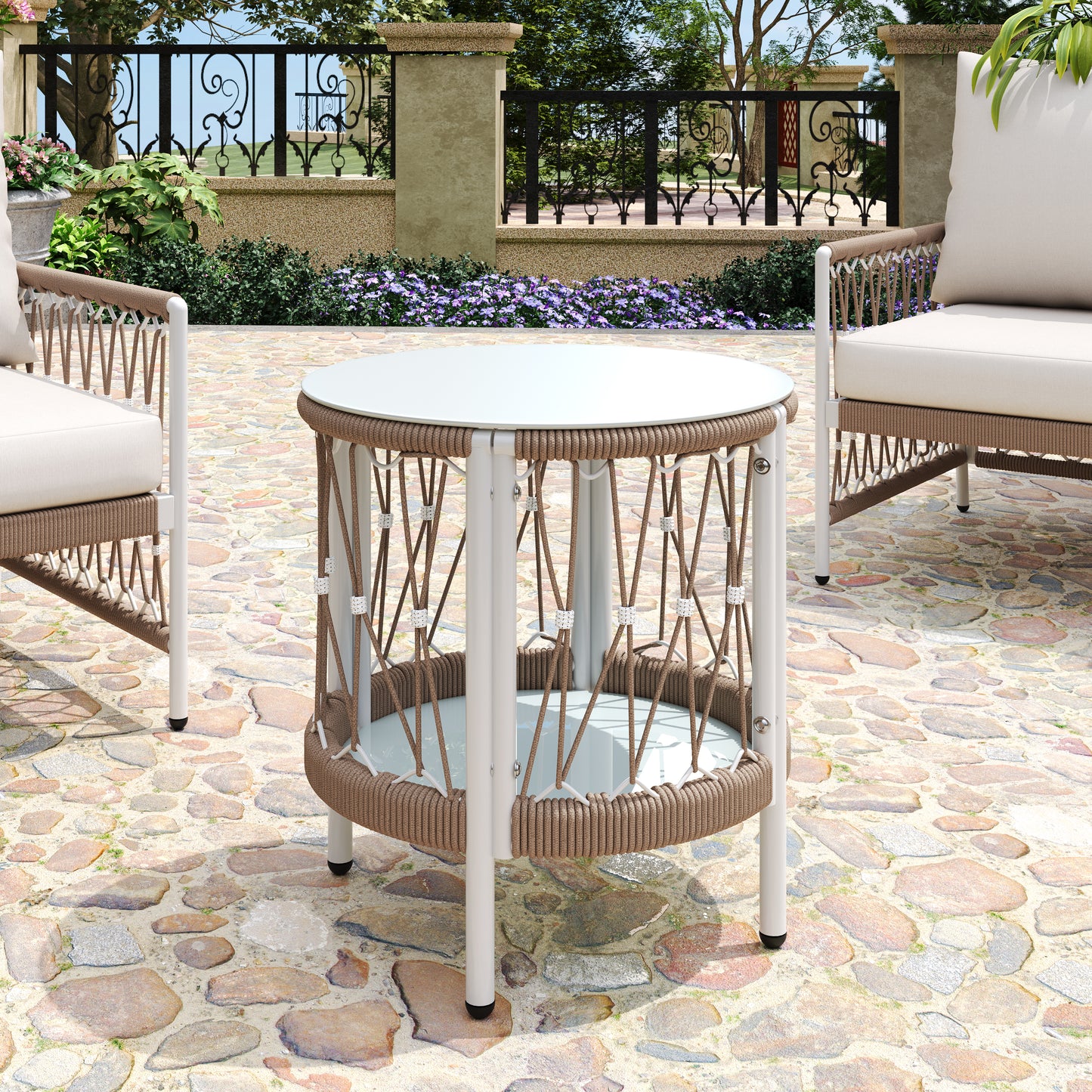 17.32" Bohemian Garden Accent Outdoor Side Table - Handwoven Rope with Powder-Coated Steel Frame, Glass Top, Small Patio End Table for Drinks, Plants