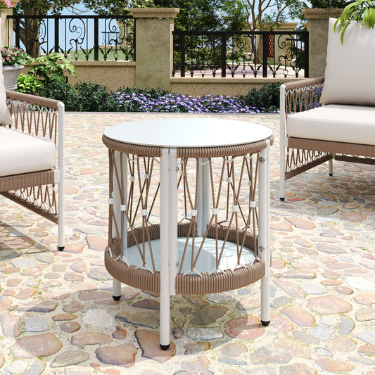 17.32" Bohemian Garden Accent Outdoor Side Table - Handwoven Rope with Powder-Coated Steel Frame, Glass Top, Small Patio End Table for Drinks, Plants