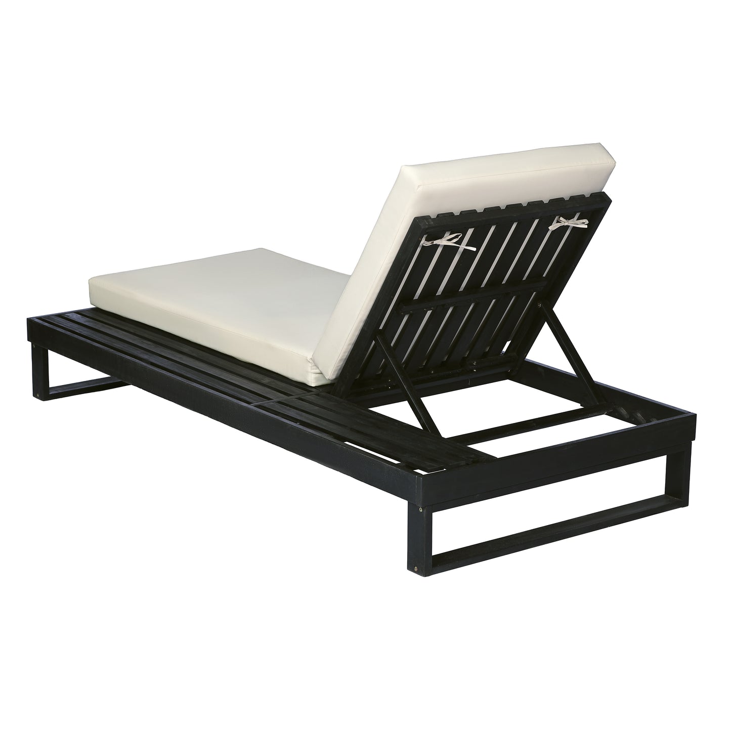 Black Acacia Wood Chaise Lounge with 4-Inch Cream 2-FoldCushion Set, 4-Position Adjustable Outdoor Patio Lounger with Flat Side Surface, for Poolside- Matching dark  grey version available