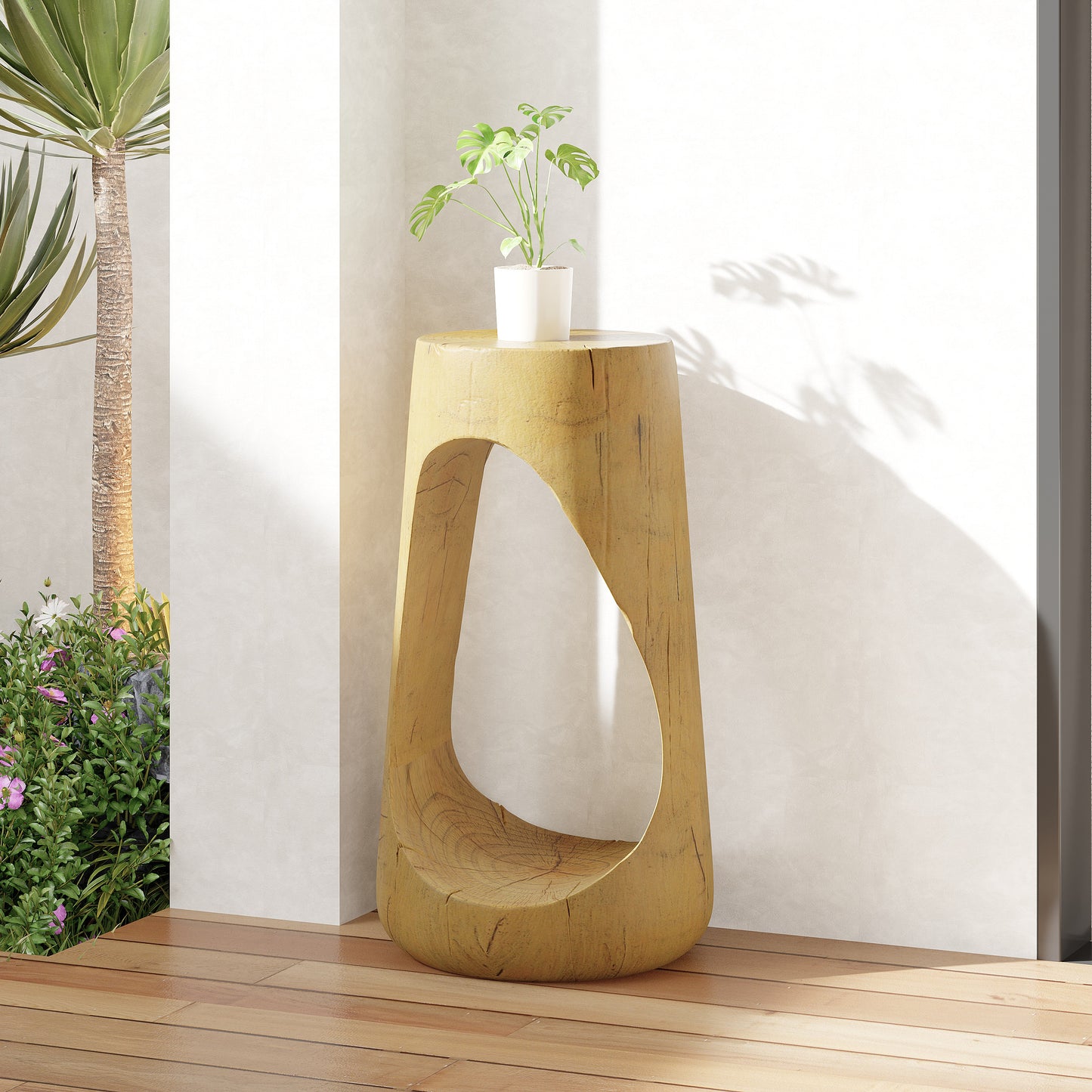 Outdoor Side Table,Hollow Design End Table,Patio Garden Stool Table,Decorative Accent Table for Patio Balcony Beach Pool Side,Lightweight Concrete,Wood Like Texture,Natural Color