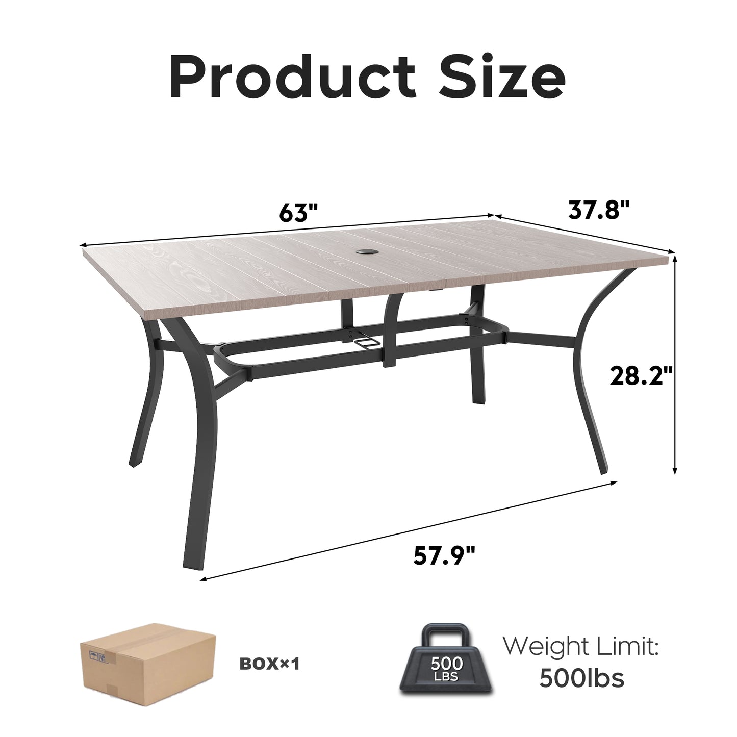 Vintage Wood Grain Metal Table 62.99" x 37.8" Rectangular with Umbrella Hole, Heavy-Duty Steel Frame Rust-Resistant Easy Clean, for Patio Garden Deck Dining Room Office