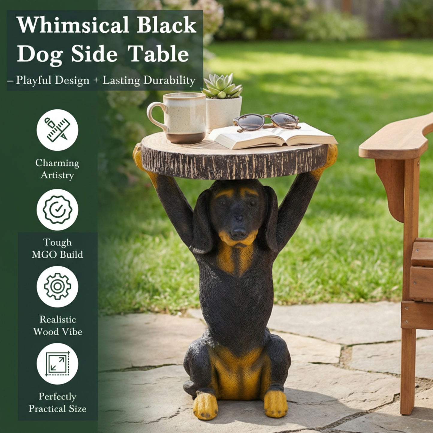 22.17"H Black Dog Side Table Pedestal End Table Stool, MGO Dog Statue Hand Painted Sculpture for Home, Office, Living Room & Outdoor Decor