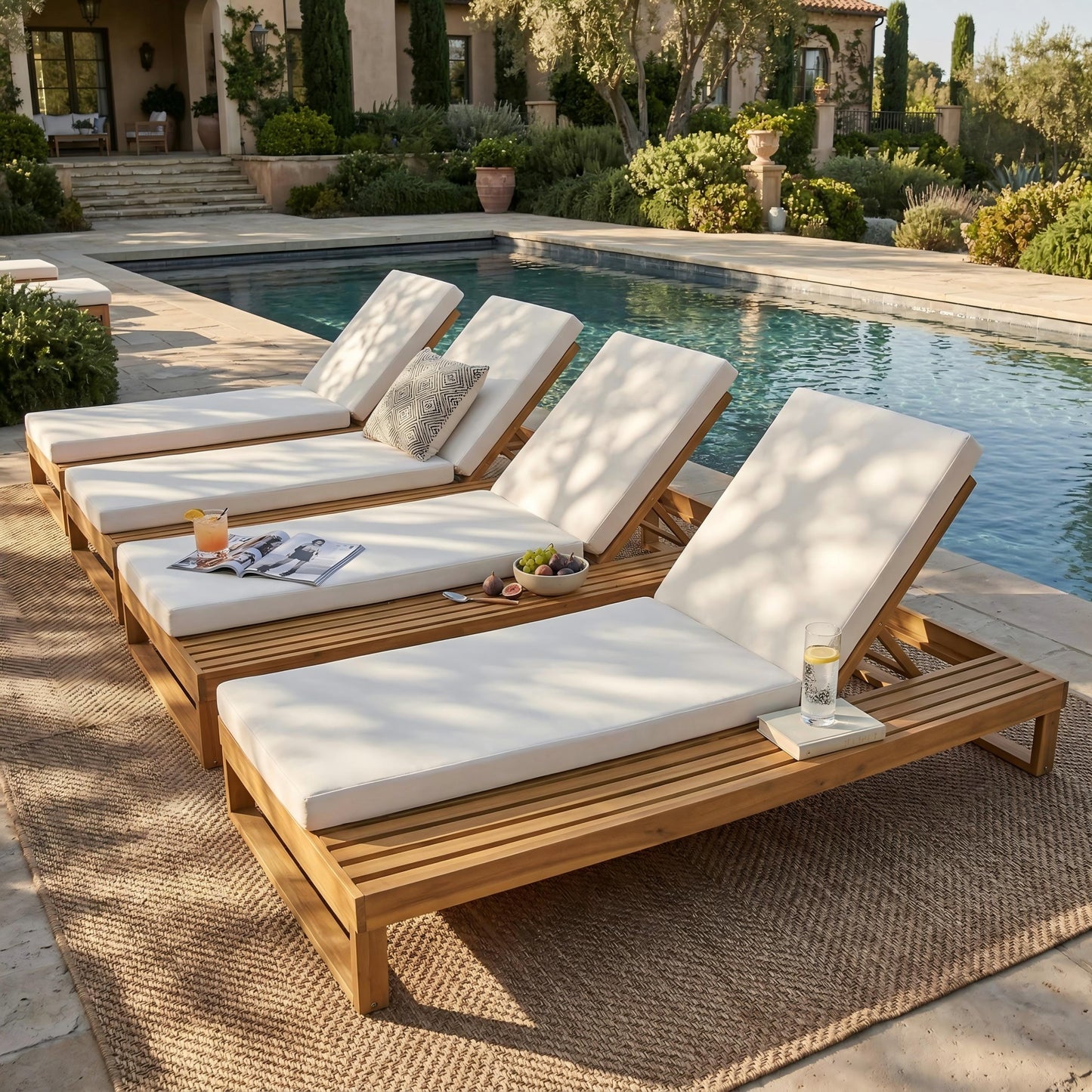 Teak Finish Acacia Wood Chaise Lounge with 4-Inch Cream 2-Fold Cushion Set, 4-Position Adjustable Outdoor Patio Lounger with Flat Side Surface, for Poolside - Matching dark grey version available