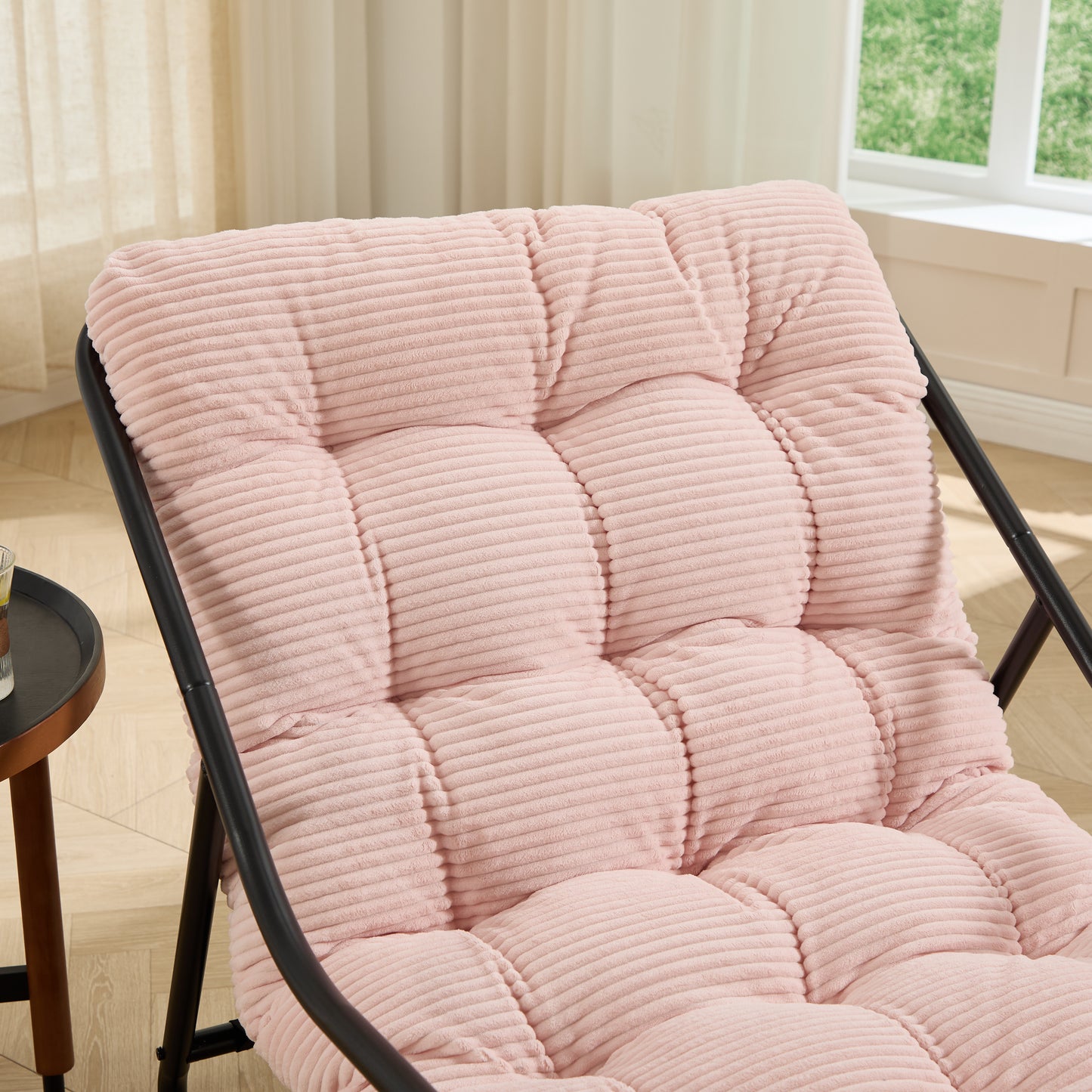 Outdoor Rocking Chair, Comfy Cushion, with Soft Thick Cushion,for Living Room, Bedroom, Reading Room, Black Frame with Pink Cushion