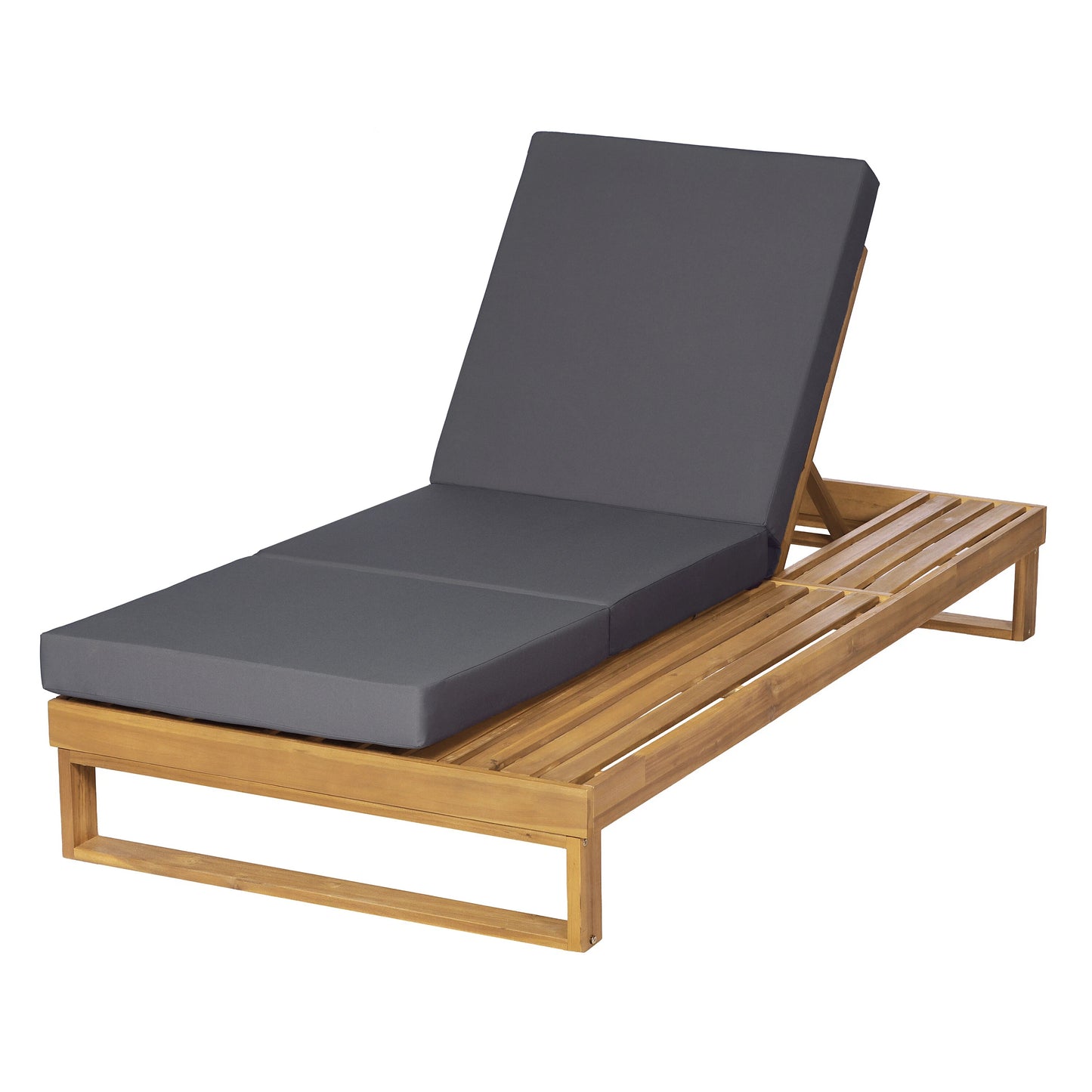 Teak Finish Acacia Wood Chaise Lounge with 4-Inch Dark Grey 3-Fold Water-Resistant Cushion Set, 4-Position Adjustable Outdoor Patio Lounger with Flat Side Surface- Matching cream version available