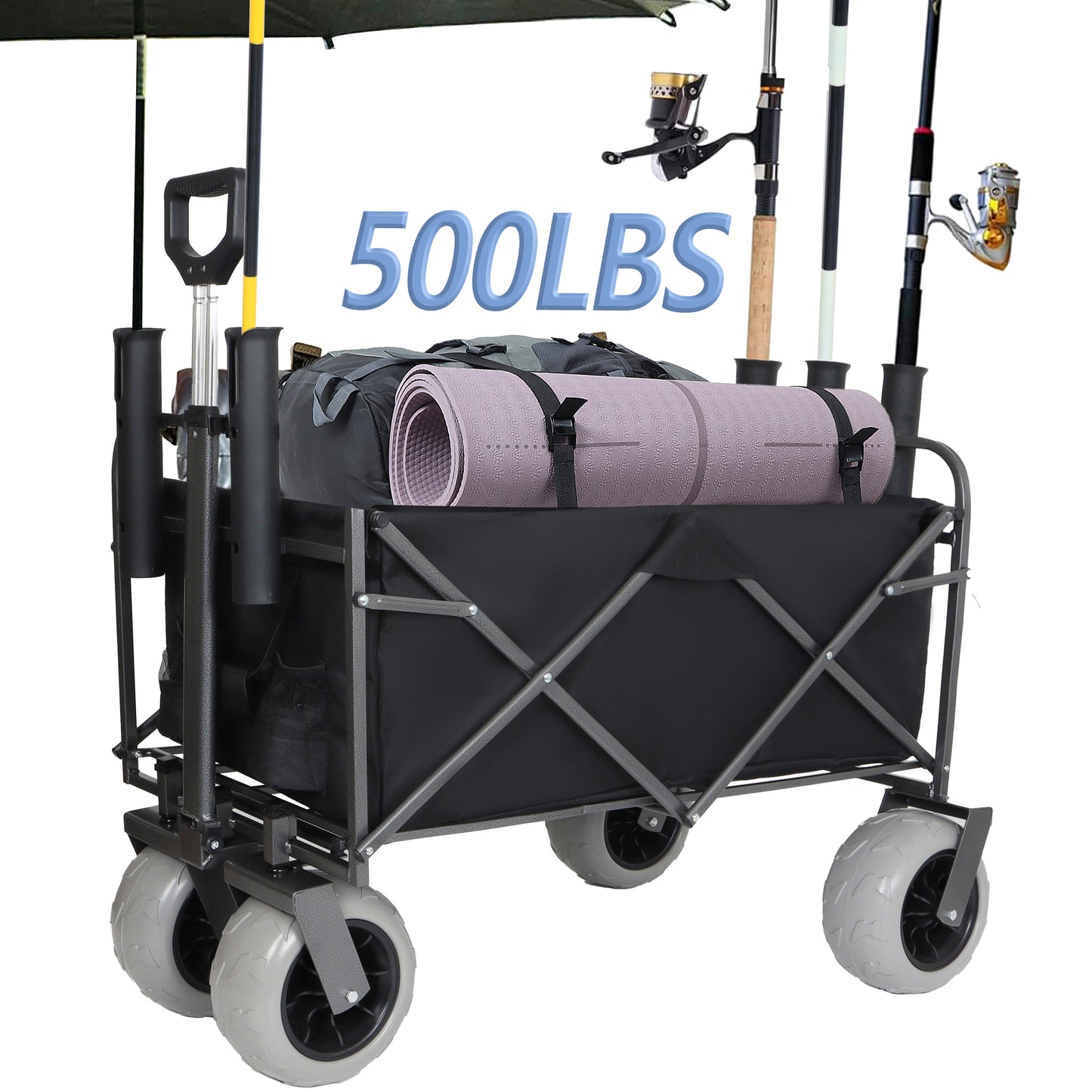 Fishing Cart with Rod Holders,Beach Wagon with Big Wheels for Sand 500lbs Capacity - All Terrain Steel Frame Utility Cart with 9" Pneumatic Tires,Strap with multiuse Bag,Black
