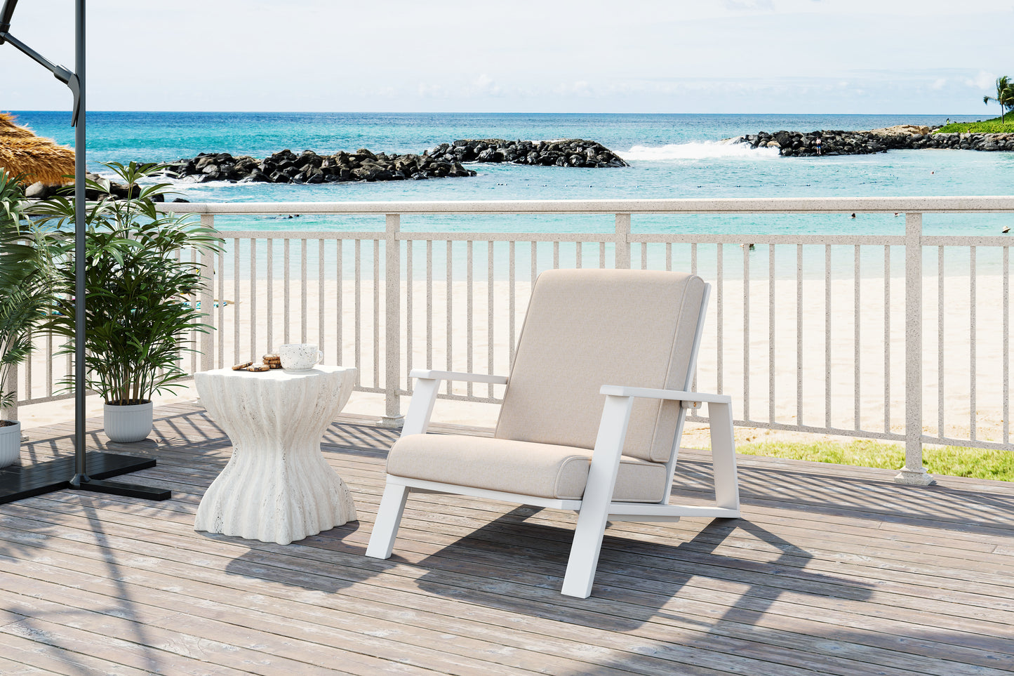 Patio Lounge Chair, Outdoor Club Chair with Beige Cushion and White Acacia Wood Frame