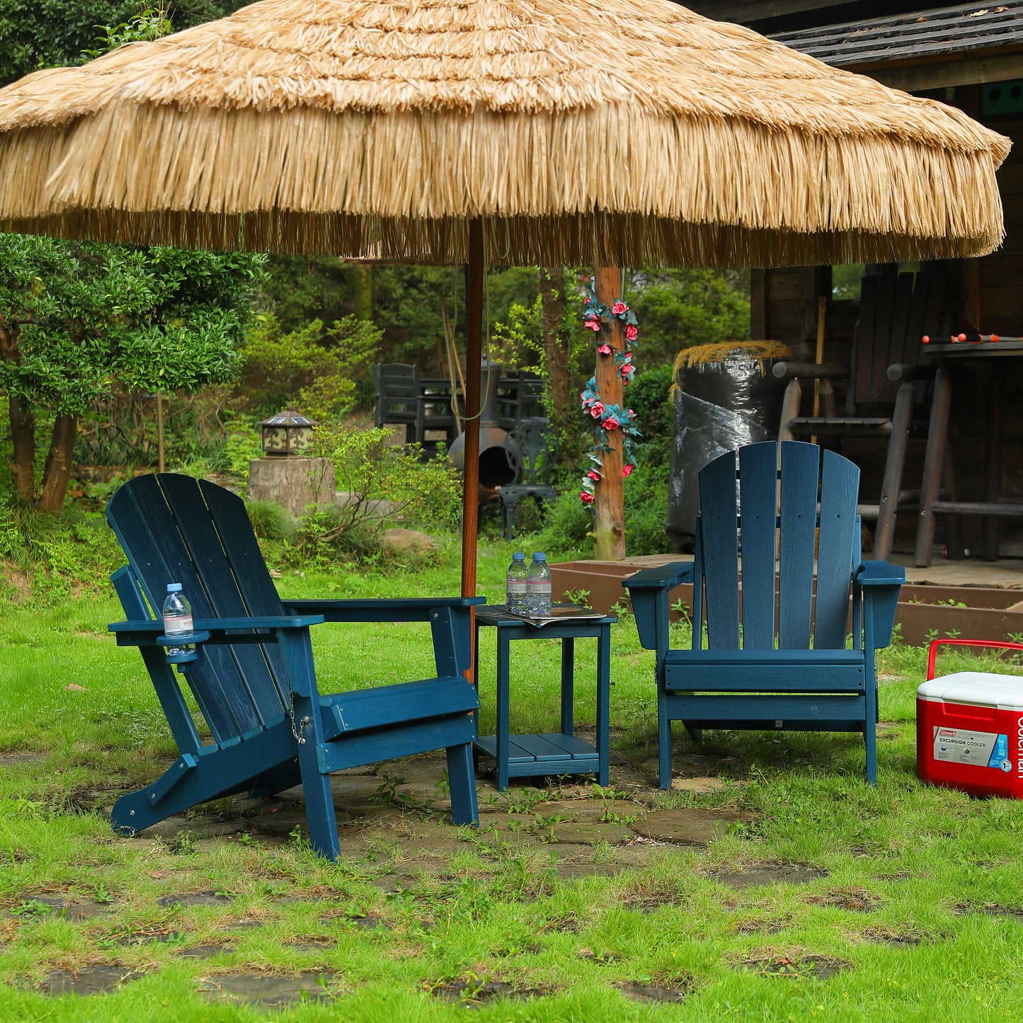 HDPE Folding Adirondack Chair with Dual Cup Holder - Composite Adirondack Chair with Wood Texture- ,Navy Blue