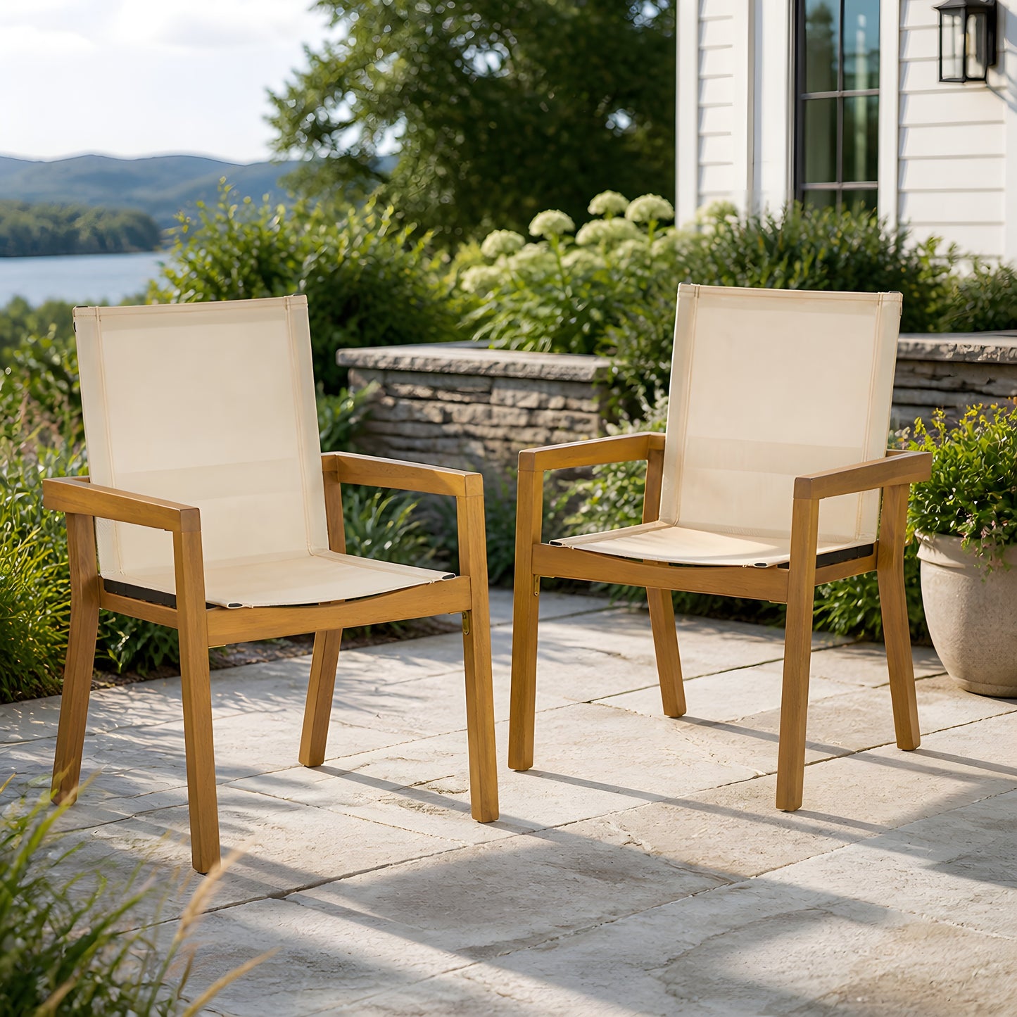 BELFAST DINING CHAIR,Set of 2,Teak Frame+ Beige Textile