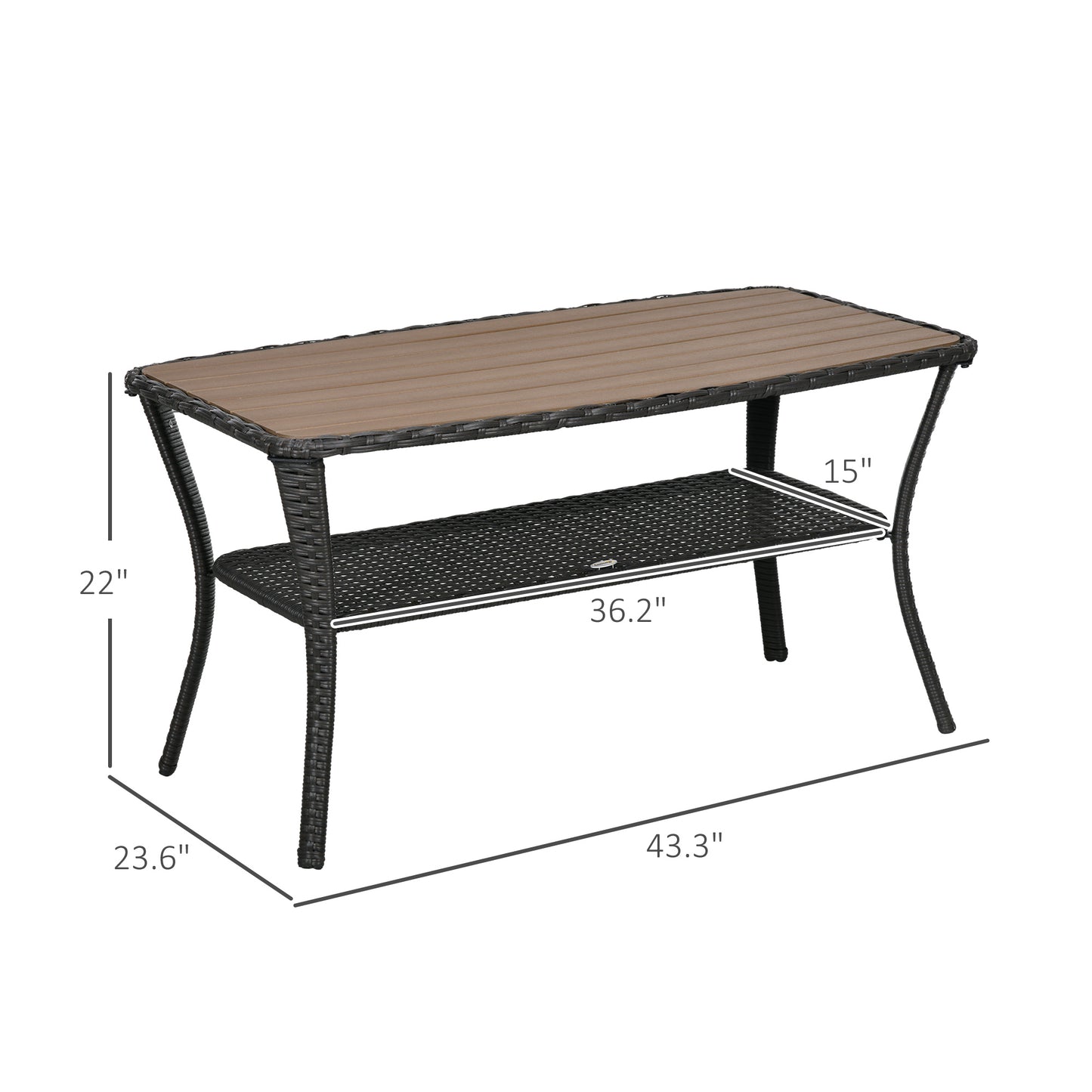 Outsunny Patio PE Rattan Coffee Table with Storage Shelf, Hand-Woven Wicker Outdoor Side Table, 2-Layer Storage Table with Wood-plastic Composite Top, for Garden, Porch, Backyard, Mixed Brown