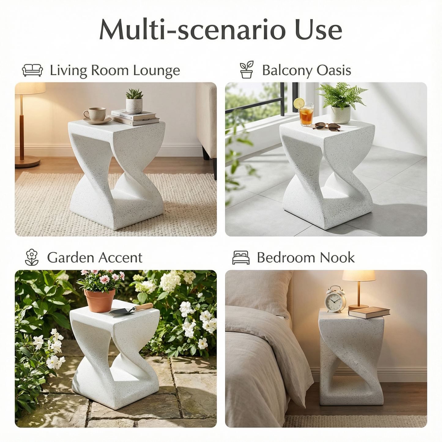 Outdoor White Marble Modern Twisted-Base Terrazzo-Speckled All-Weather MGO Side Table – Indoor End Table for Home, Office & Patio Decor