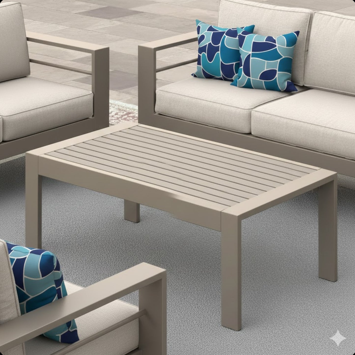 43" x 24" All-Weather Metal Outdoor Coffee Table with Wood-Look Top and Khaki Frame