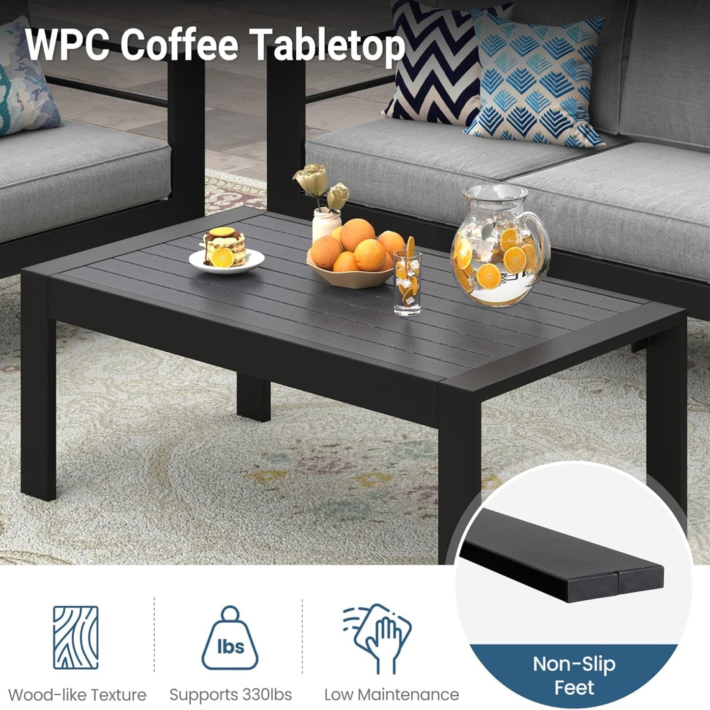 43" All-Weather Aluminum Patio Coffee Table, Modern Black Rectangle Outdoor Table