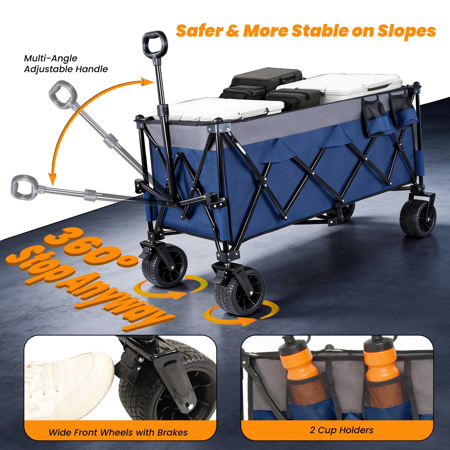 51-inch Extended Heavy-Duty Foldable Utility Wagon, 480lbs, Patented Ultra-Stable Frame, 1:6 Space-Saving Fold, Portable and Collapsible for Beach, Sports, and Garden Use,Dark blue-Gray