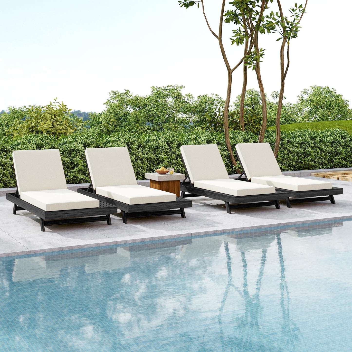 Lounge Chaise Set, Space Available On One Side, Acacia Wood In Black With Water-Resistant Lounge Cushions (Cream & 4 Inch Thick) – Matching Dark Grey Version Available