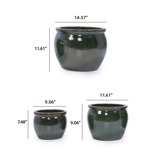 Set of 3, Handmade Antique Blue Green 11.6 in. H Round Ceramic Plant Pots, with Drainage Hole, Indoor Outdoor Use