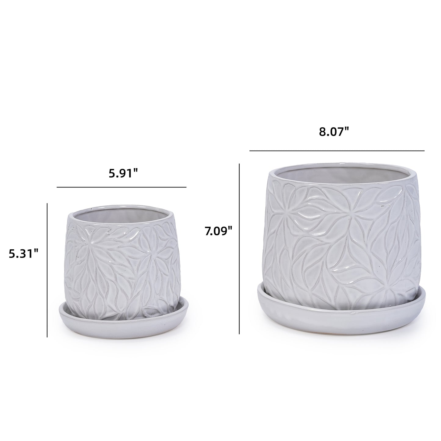 Handmade White Glossy Ceramic Planter Set of 2, 6" & 8" Diameter, Leaf Pattern Design, for Succulents and Herbs Indoor/Outdoor Shelf & Table Use, Breathable Clay with Saucers