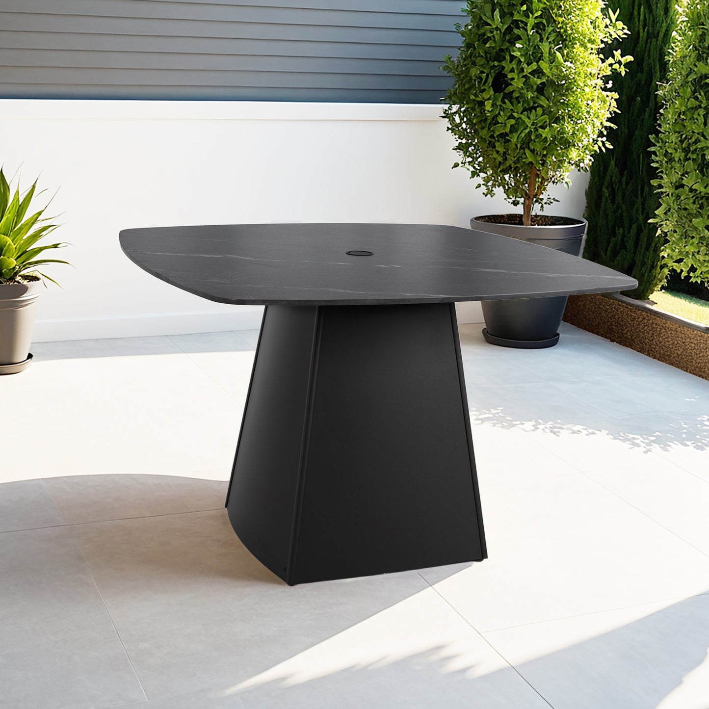 Modern 44" Rounded Square Outdoor Pedestal Dining Table, Black Sintered Stone Top, Flared Pyramid Aluminum Pedestal Base, Weather-Resistant, Rust-Free, for Patio, Deck, Poolside, Balcony – Seats 4