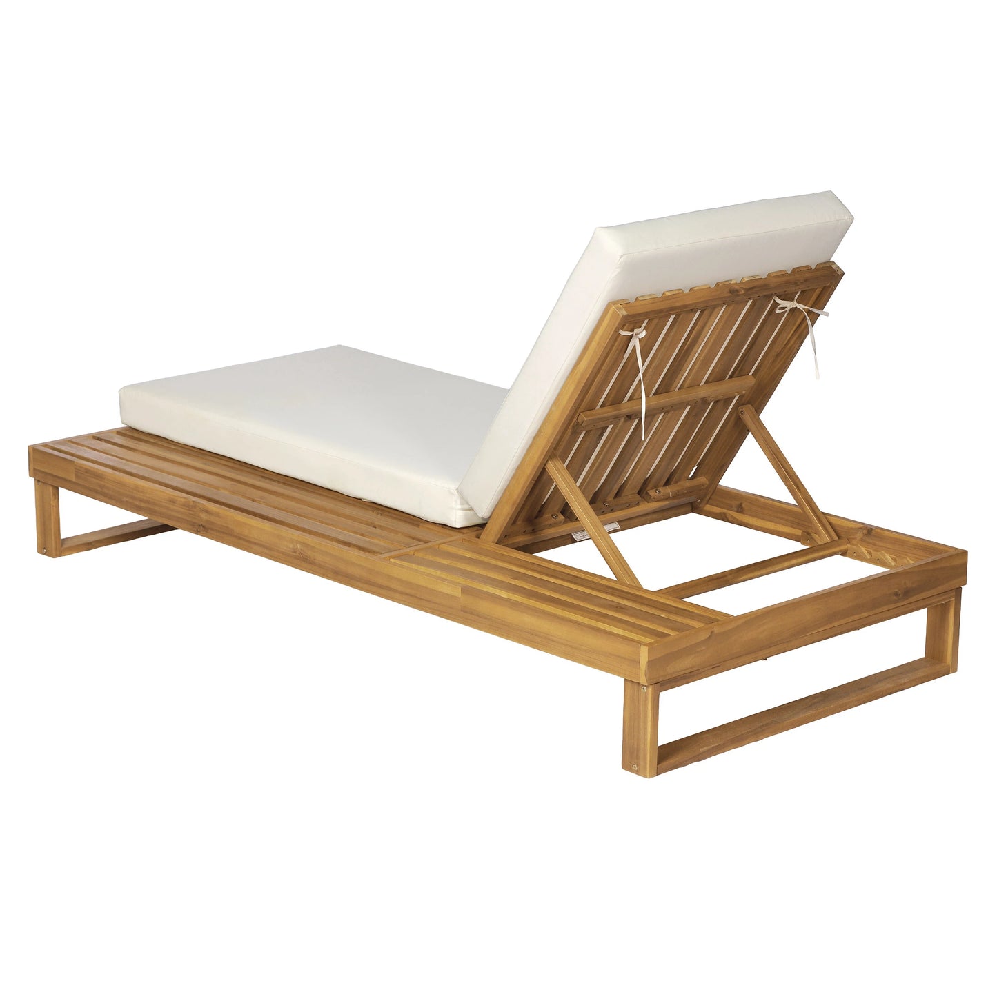 Teak Finish Acacia Wood Chaise Lounge with 4-Inch Cream 2-Fold Cushion Set, 4-Position Adjustable Outdoor Patio Lounger with Flat Side Surface, for Poolside - Matching dark grey version available
