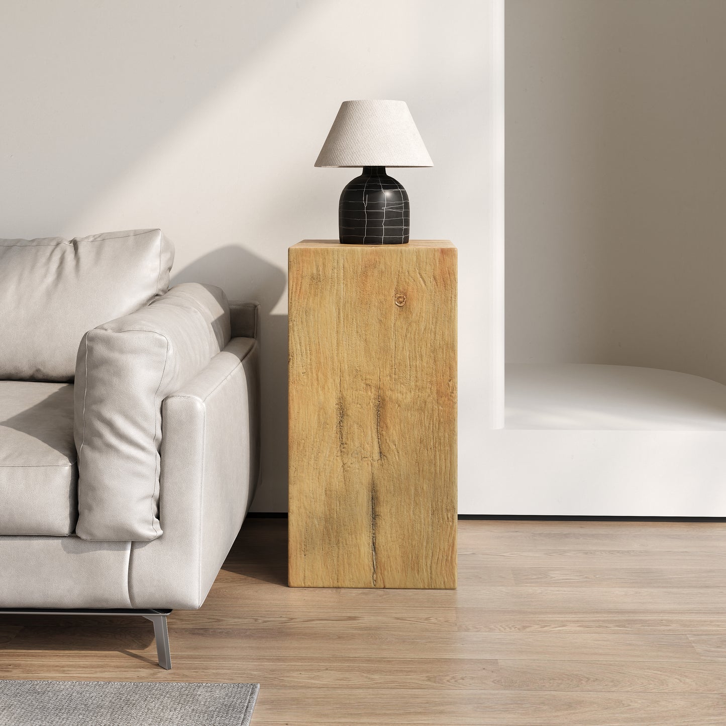 Wood-Look Square-Column MGO End Table,  H33.75",Wood-Like Distressed Finish, Mix with Different Heights, Indoor Outdoor Use,Natural Color