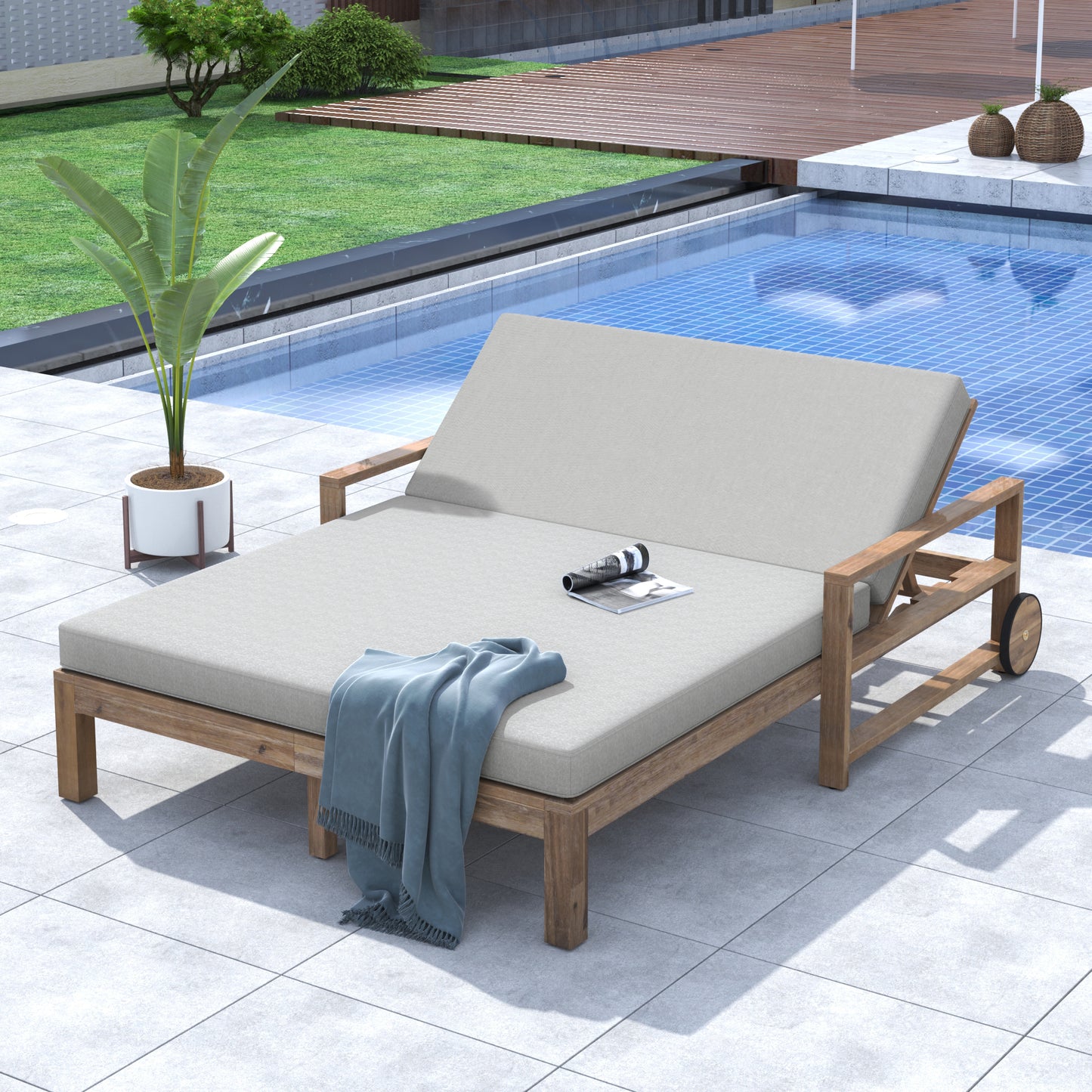 TREXM 1-Piece Farmhouse-styled Wooden Outdoor Sunbed for Ultimate Relaxation Outdoor Daybed Seating 2 People for Poolside, Garden and Backyard (Grey)