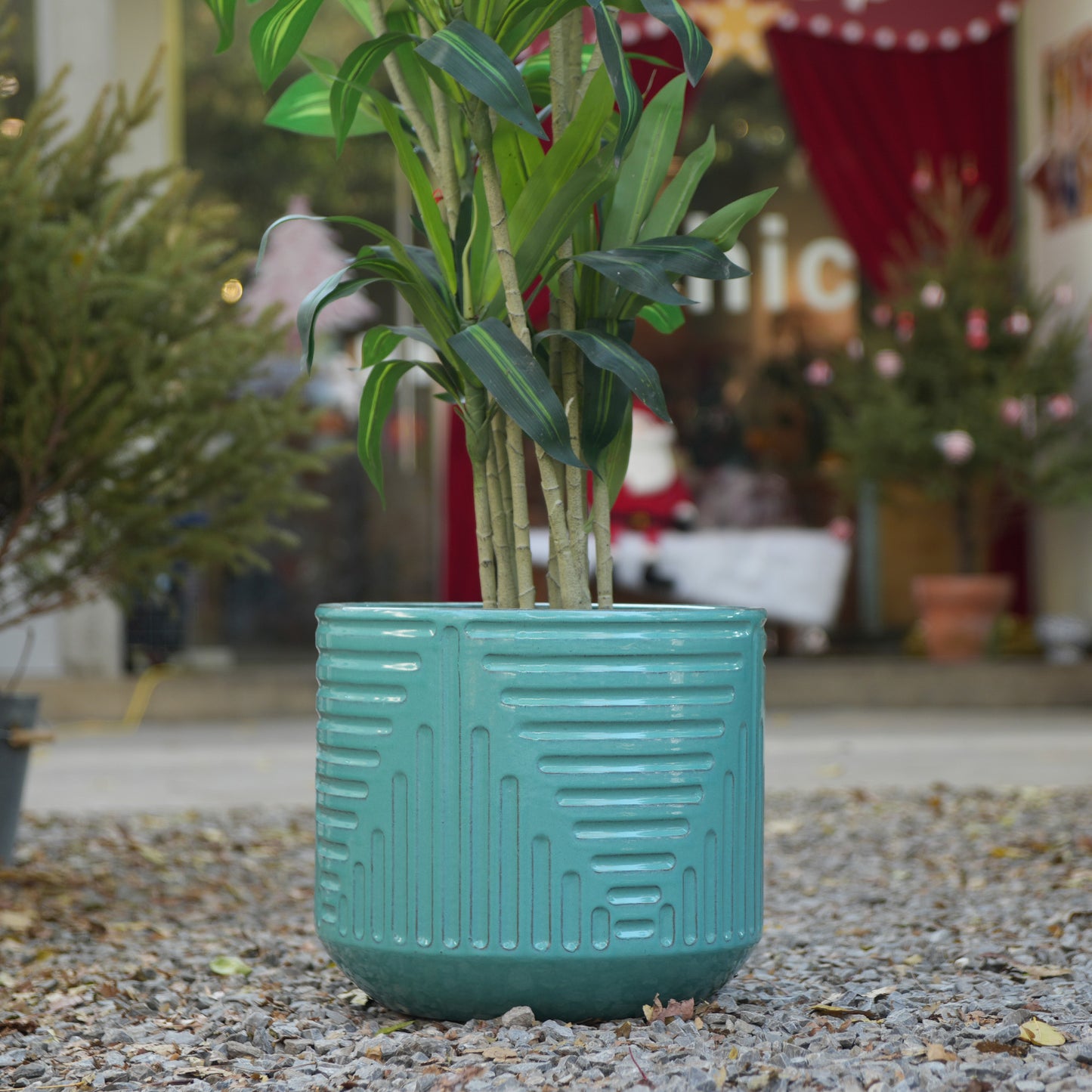 Handmade Ceramic Planter, 16 Inch Diameter, Teal Green with Textured Groove Pattern, for Monstera and Fiddle Leaf Fig, Indoor/Outdoor Doorway Use, Breathable Clay