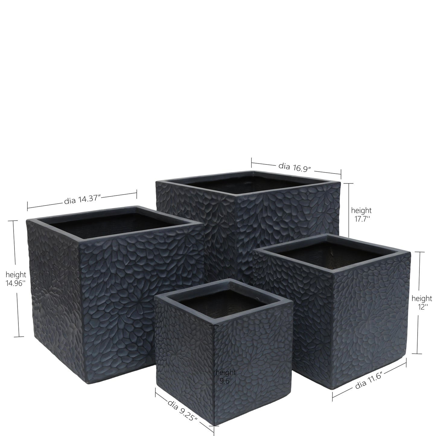 Large Outdoor Indoor Planter, 16.9"+14.37"+11.6" +9.25''Dia Square Magnesium Oxide Planter Set of 4, Flower Pots with Drainage Holes,  Modern Design, Grey Color Planter for Home Garden Patio
