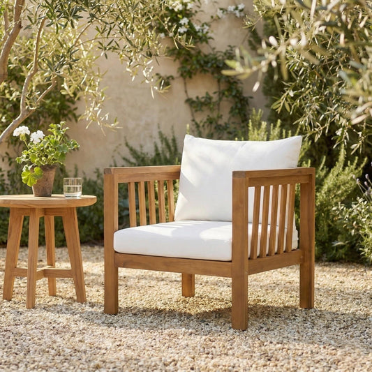 Outdoor Acacia Wood Club Chair with Modern Square Arms, Patio Chair with Thick Cushion, Adjustable Leveling Feet for Poolside, Backyard & Deck, Beige Cushion