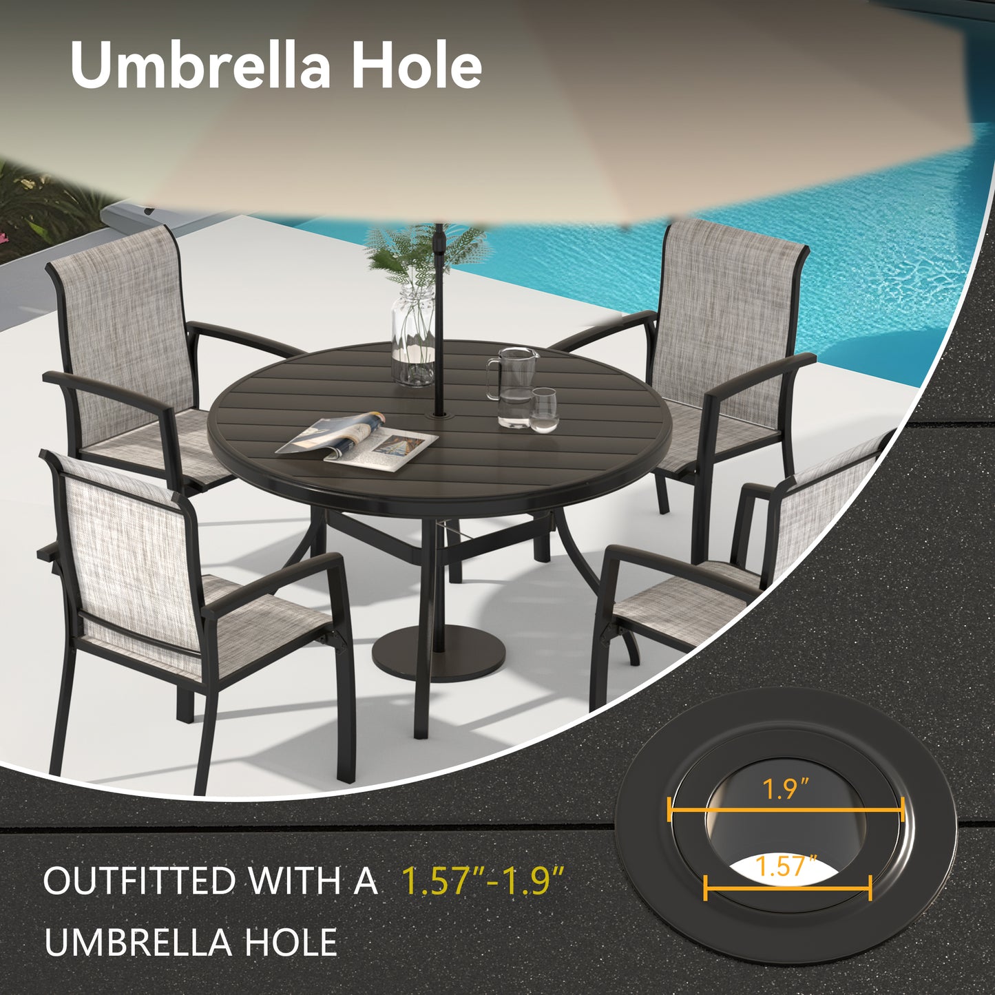 VRSHWO"Outdoor Round Patio Dining Table for 4-6, All Weather Metal Dining Table with Umbrella Hole for Deck Lawn Garden Backyard