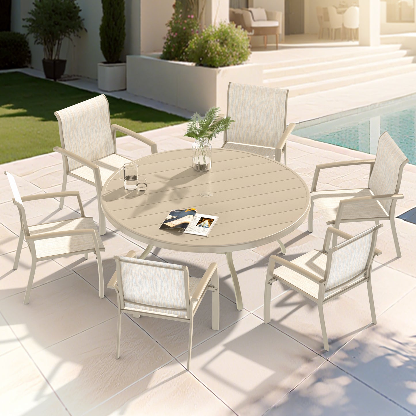 VRSHWO Garden Patio Chairs Set of 2, Weather Metal Outdoor Dining Chairs , Garden, Poolsides, Cream Color Frame