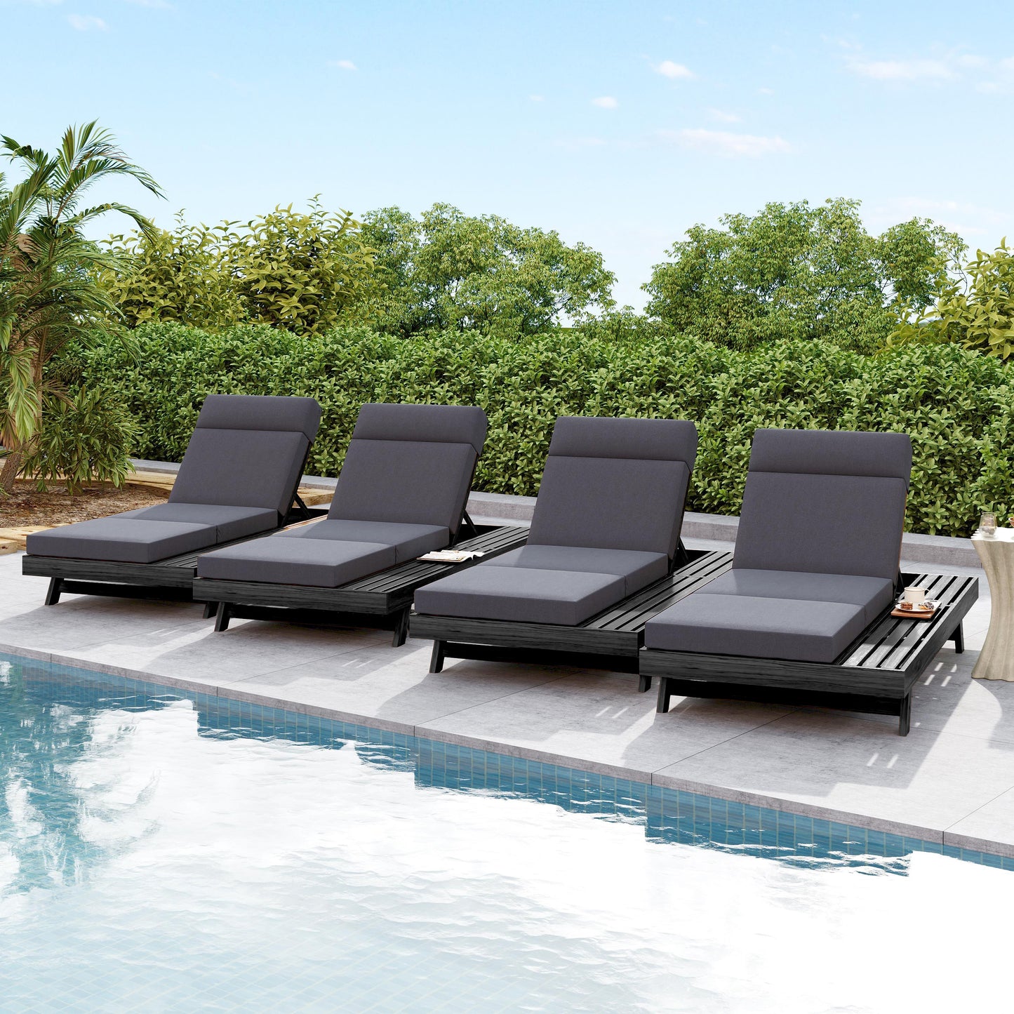 Lounge Chaise Set With Headrest, Space Available On One Side, Acacia Wood In Black With Water-Resistant Lounge Cushions (Dark Grey & 3-Fold & 4 Inch) – Matching Cream/Beige Version Available