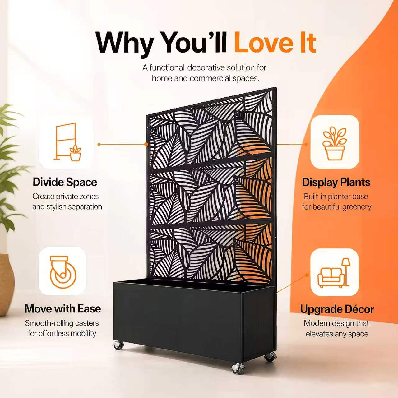 70.87" H × 46.06" W Leaf Pattern Privacy Screen with Planter Box, Black Metal Freestanding Decorative Fence Planter for Patio Balcony Backyard