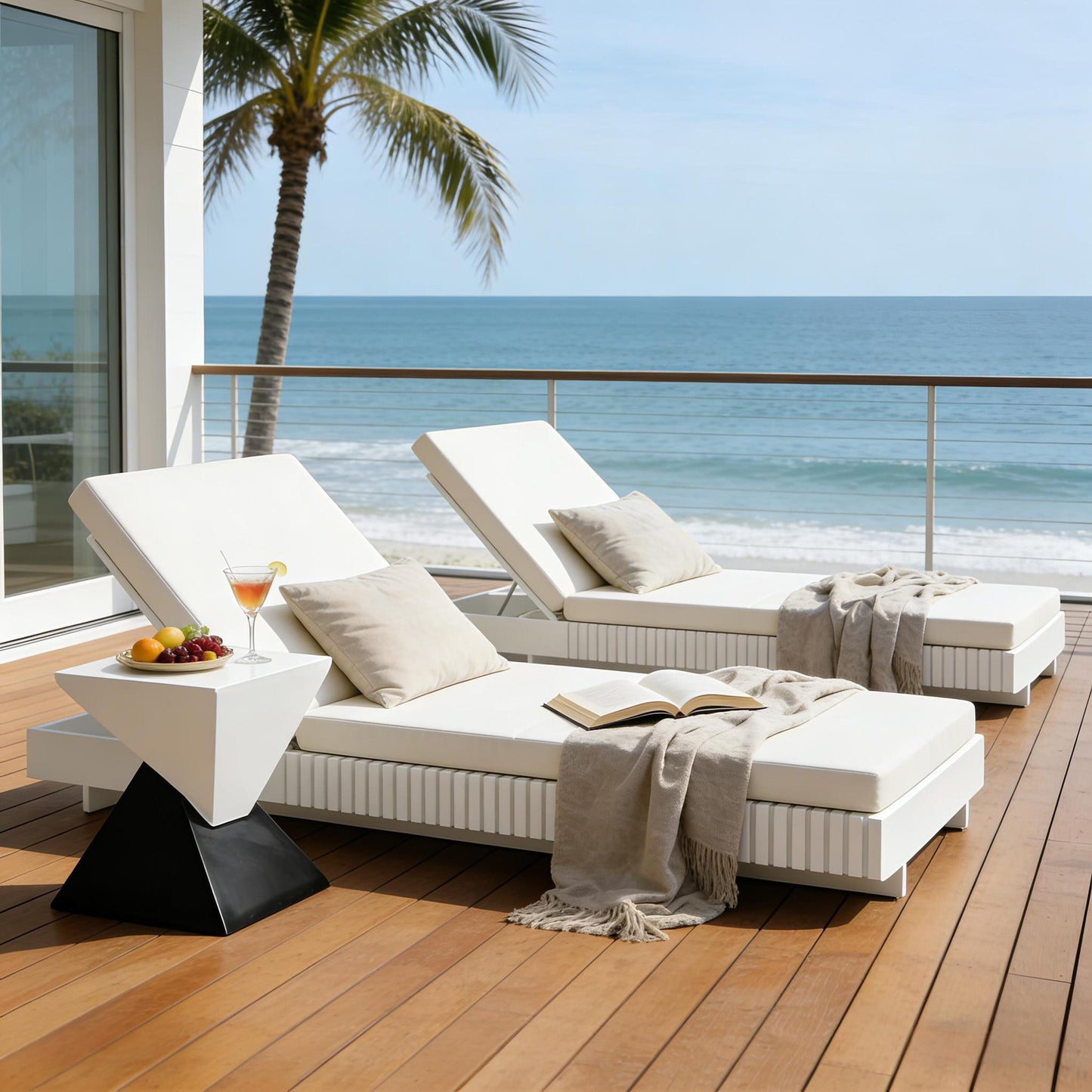 White Acacia Solid Wood Outdoor Chaise Lounge with Cream Water Repellent Cushion,400lbs Capacity, Modern Patio Sun Lounger for Garden,Poolside