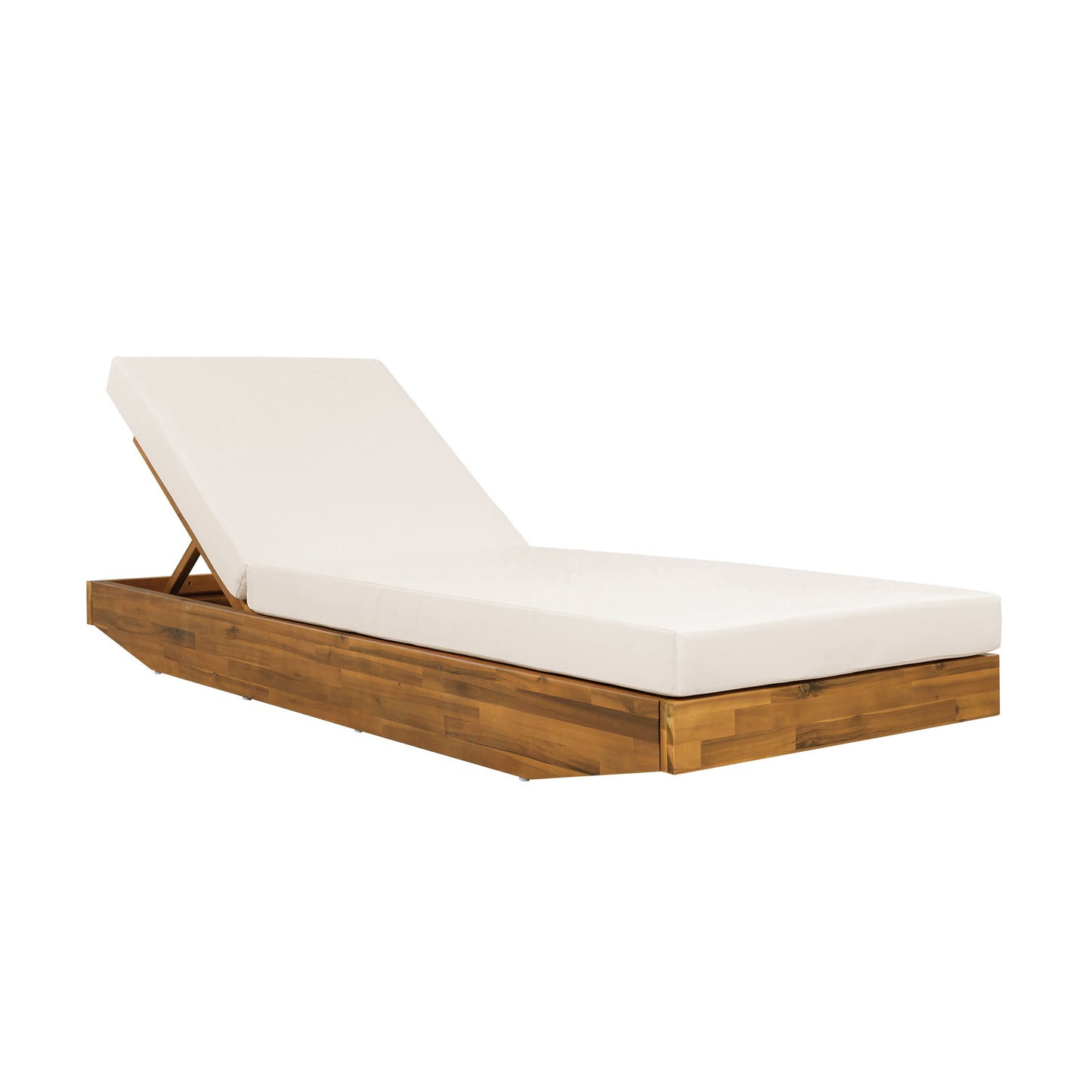 Acacia Wood Chaise Lounge with Cushion - Teak Finish Outdoor Recliner with  Cream Water-Repellent Cushion, 79.6" L x 29" W, 300 lbs