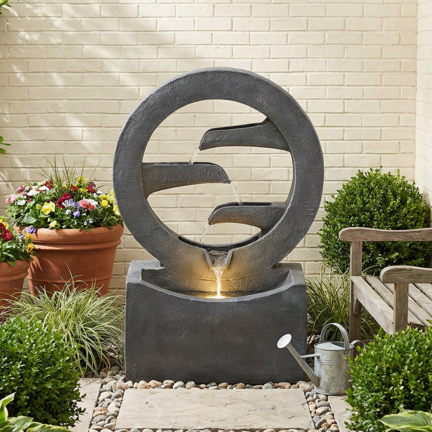 26.77"H Gray Circular Polyresin Outdoor Water Fountain with LED Light, Freestanding Modern Cascading Water Feature for Patio Garden Backyard Decor