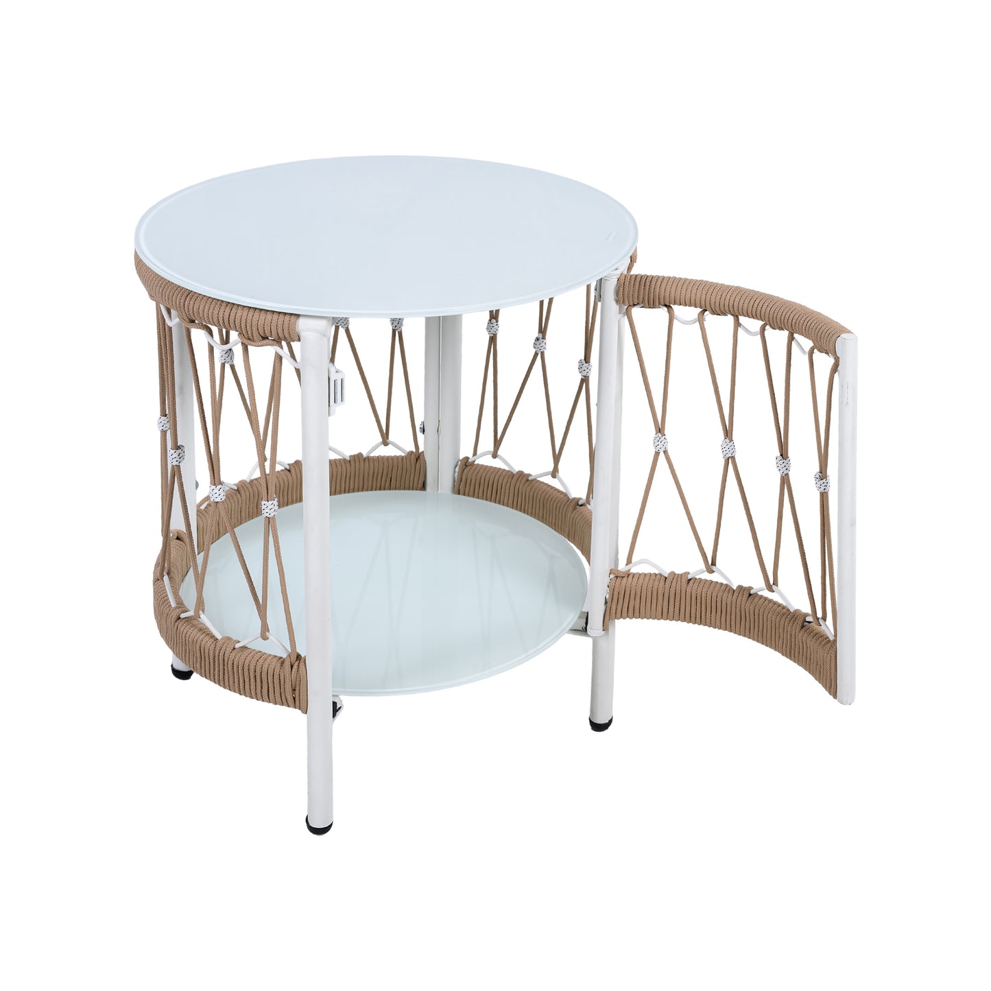 17.32" Bohemian Garden Accent Outdoor Side Table - Handwoven Rope with Powder-Coated Steel Frame, Glass Top, Small Patio End Table for Drinks, Plants