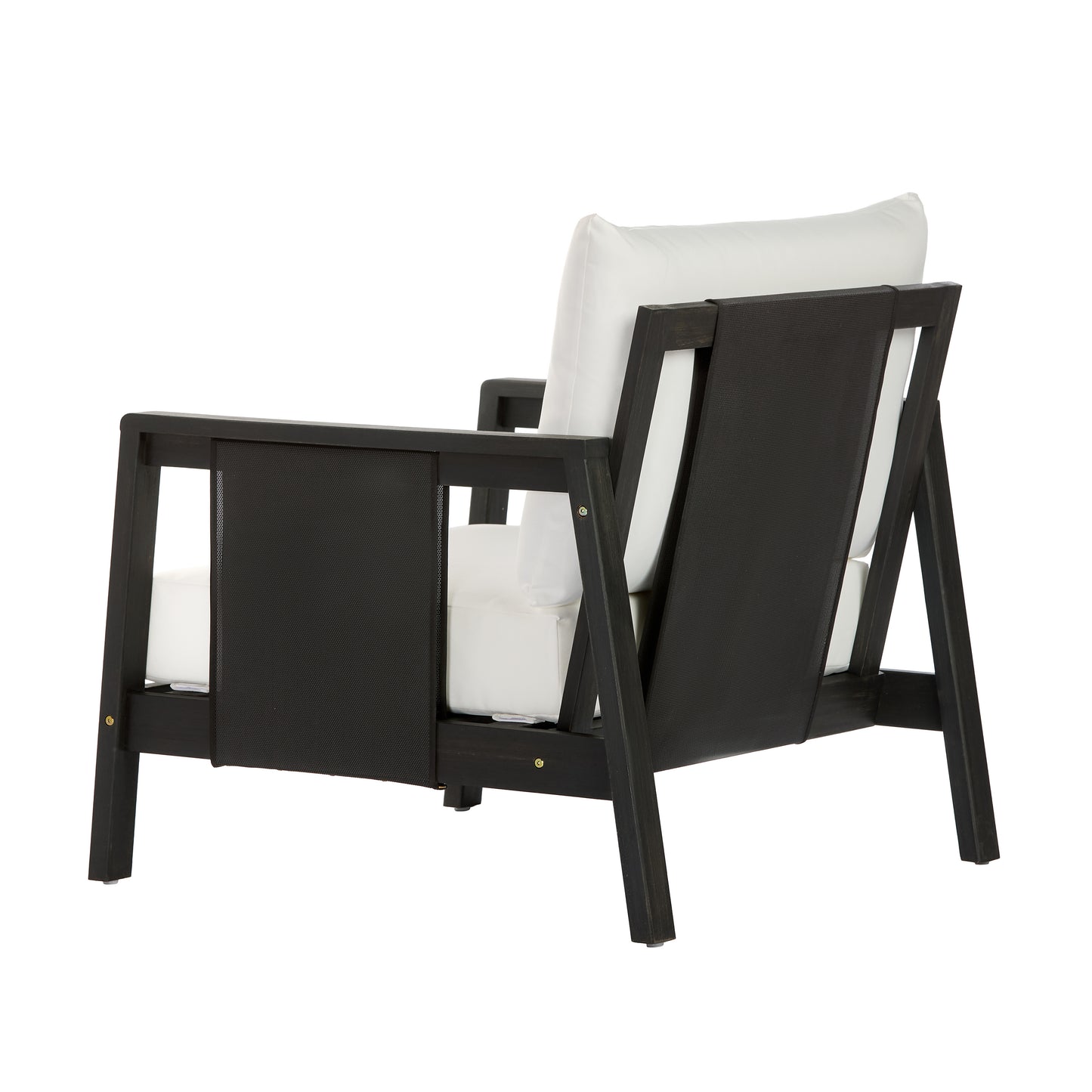 Outdoor Club Chair, Acacia Wood Frame with Black Textilene Accents, Water-Repellent White Cushions for Patio/Backyard/Deck