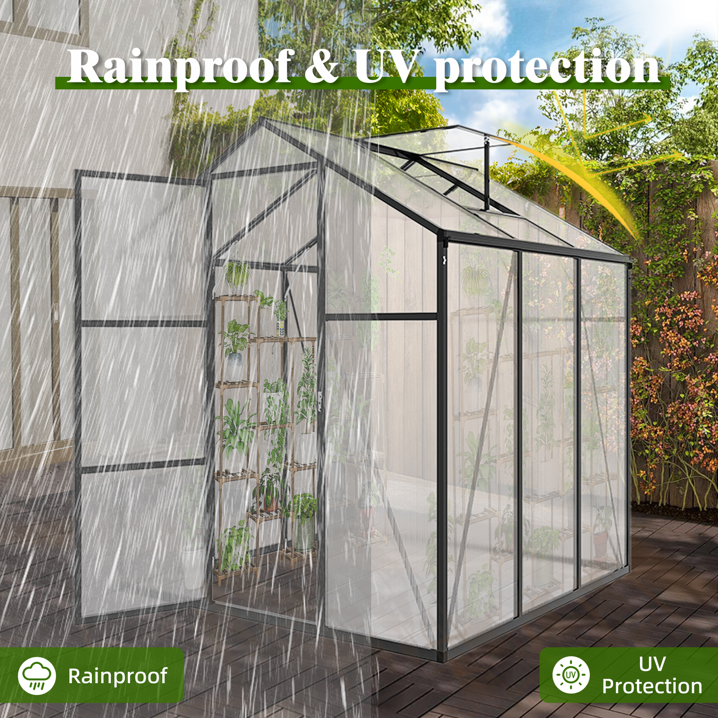 6x6FT Walk-in Outdoor Greenhouse - Polycarbonate Garden Greenhouse with Sturdy Aluminum Frame, Adjustable Vents, Lockable Door & UV Protection for Backyard