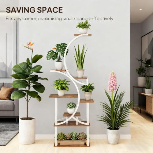 61.8" H 8-Tier S-Shaped Corner Plant Stand with Steel Frame and Fir Wood Base, Space-Saving Rack for Indoor Plants, Books